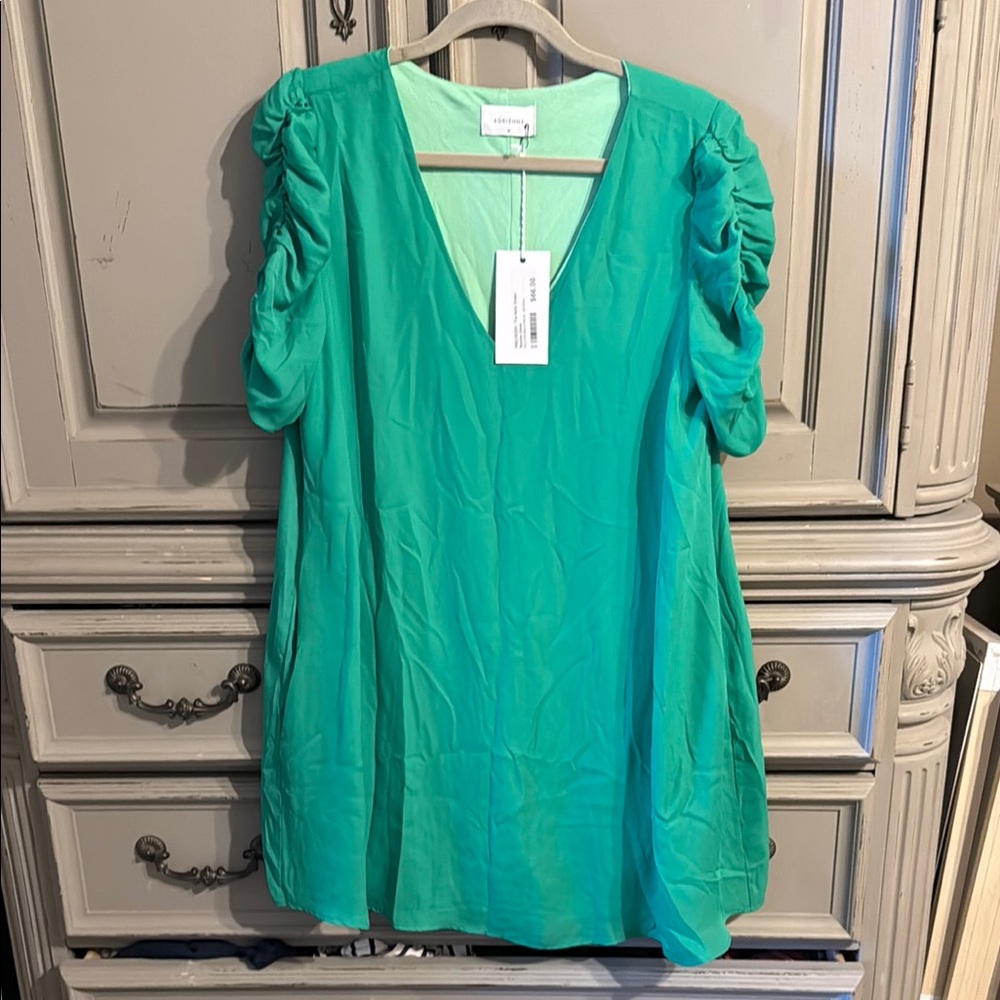 Green V-Neck Dress with Ruched Sleeves